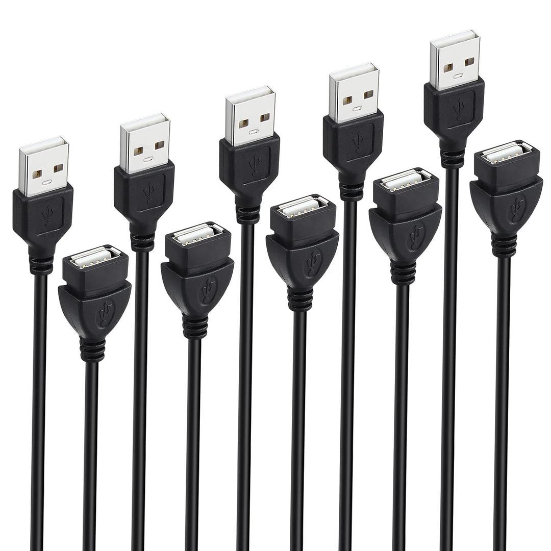 USB Extension Cable 6 ft 5-Pack, USB-A 2.0 Male to Female Extender Cord Lot