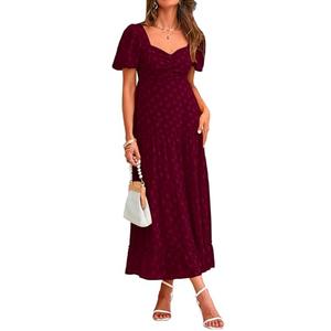 BTFBM Women Casual Summer Short Sleeve Midi Dresses Bohemian Floral Dress Formal Wedding Guest Long Dresses(Wine Red,Medium)