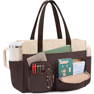 LOVEVOOK Teacher Tote Bag for Women,Multi-pocket Laptop Bag with Large Cup Holder,Nurse Bags Work Travel Computer Handbag (15.6 inch, Almond Chocolate)