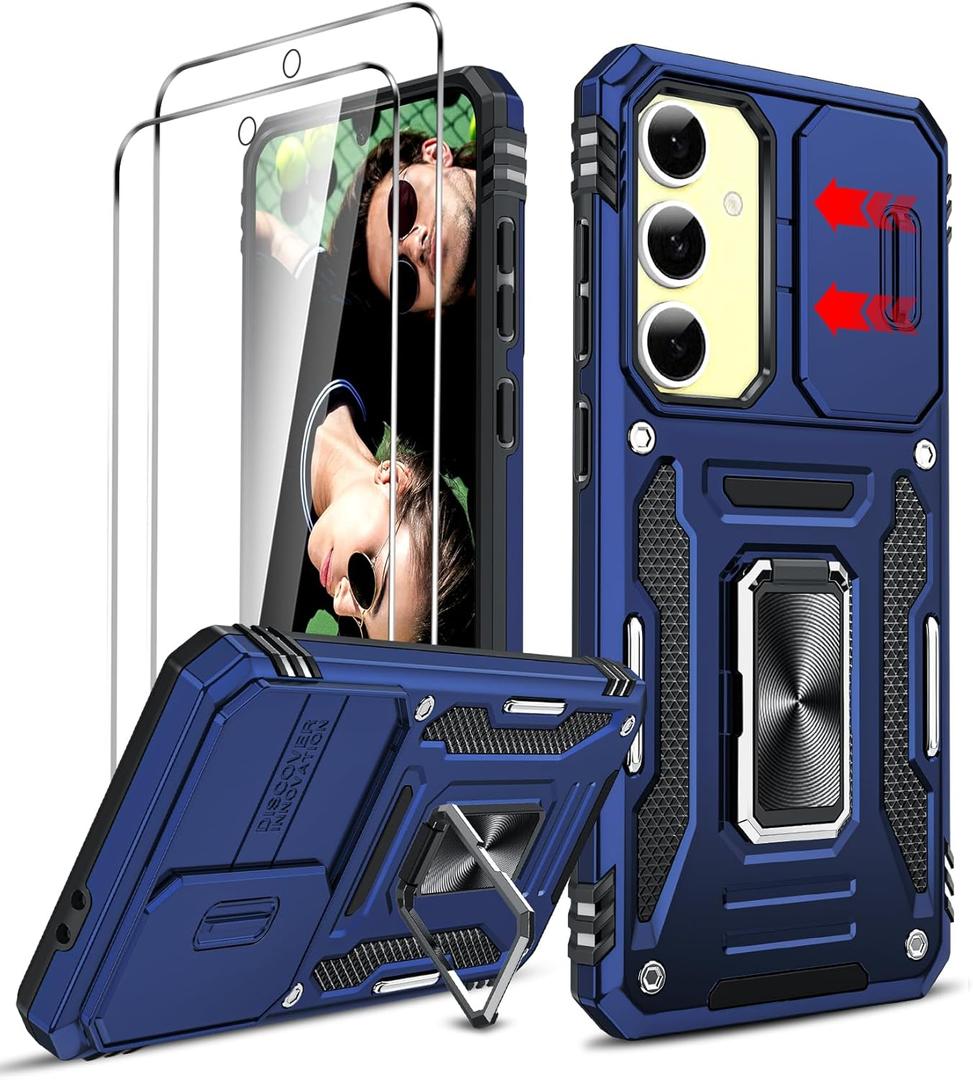 LeYi Compatible for Samsung Galaxy S24-FE Case: Samsung Galaxy S 24FE Screen Protector Tempered Glass X 2 & Magnetic Stand, Heavy Duty Protective S 24 FE Cell Galaxy S24 FE Phone Case, Navy Blue