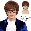 Mens 60s and 70s Mens Brown Cosplay Halloween Costume Shaggy Male Wig and Glasses