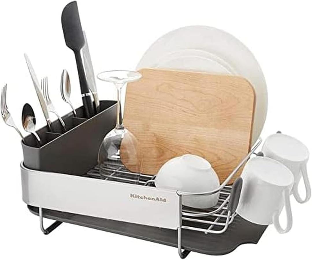 KitchenAid Compact, Space Saving Rust Resistant Dish Rack, with Angled Self Draining Drain Board and Removable Flatware Caddy, 16.06-Inch, Gray