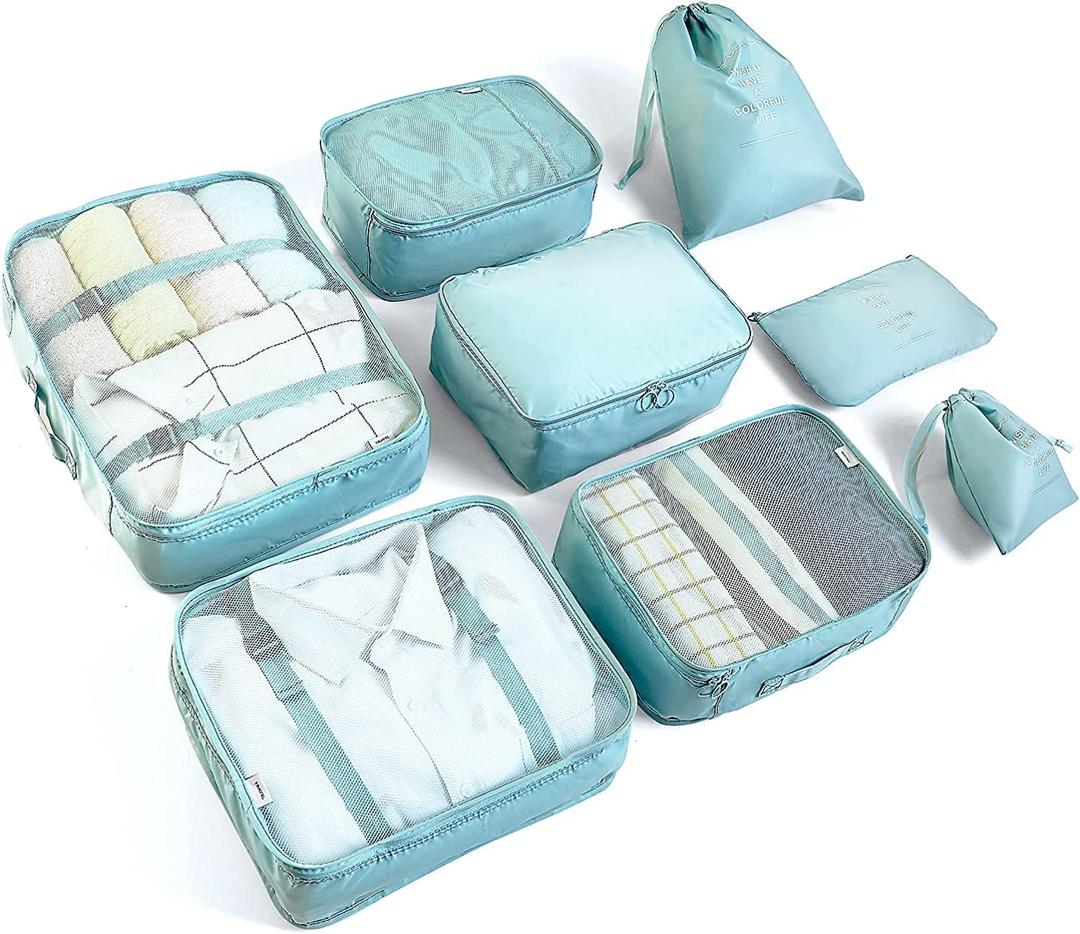 LANSKLBD 8 Set Packing Cubes for Suitcases Travel Luggage Packing Organizers,Travel Essentials Accessories Luggage Organizer with Shoe Bag Tioletry/Laundry Bag (Light Blue)