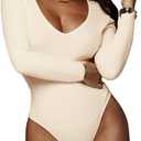 GEMBERA Women's Deep V Neck Long Sleeve Bodysuit Ribbed Knit Bodycon Basic Bodysuit Tops (X-Large, Cream)