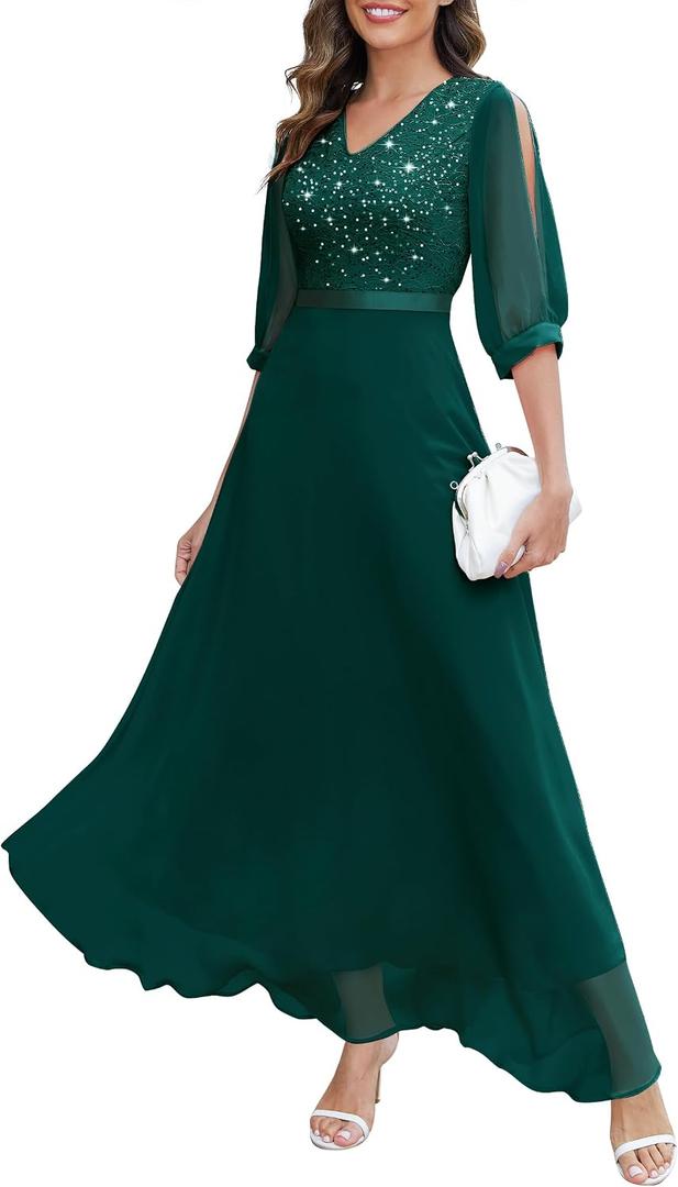 Wedtrend Women's Sequin Dresses Sparkly Glitter Dress Split Sleeves Formal Dresses Maxi Evening Dress (Green, S)