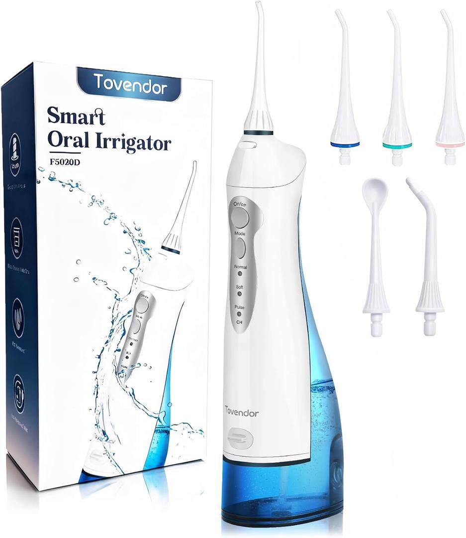 TOVENDOR Electric Water Flosser, Cordless Rechargeable Dental Oral Irrigator IPX7 Waterproof 300ML Travel Water Teeth Cleaner with 5 Tips for Braces Care Teeth Gums Cleaning, Home Office Daily Use (Nsapphire Blue)