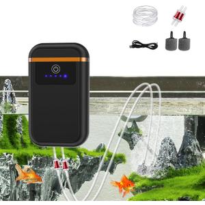 Battery Aquarium Air Pump, USB Rechargeable Aquarium Bubbler Aerator for 10-100 Gallon, 1.5W Lithium Battery Operated Aquarium Air Pump with 2 Outlets for Fish Tank, Hydroponic, Outdoor Fishing