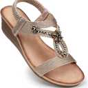 SHIBEVER Womens Wedge Sandals Flower Low Heel Dressy Sandals Elastic Ankle Strap Rhinestone Summer Comfortable Shoes (9, 2657-champagne)