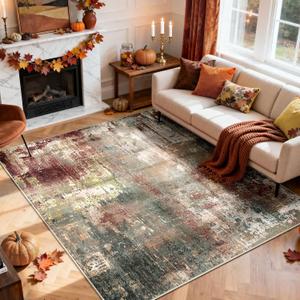 Washable Area Rugs 6'x9' Non-Slip Modern Abstract Soft for Living Room Entryway Bedroom Nursery, Print Pattern, Brown Rust Red Multi