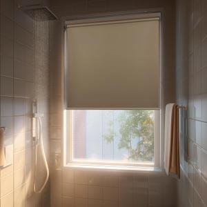 HESTIA No Drill Cordless Blackout Roller Shades Screwless Waterproof Shower Window Blinds, Auto-Retraction Easy Install Blind for Bathroom/Kitchen/Office/Exterior, Greige, 54" W x 72" H