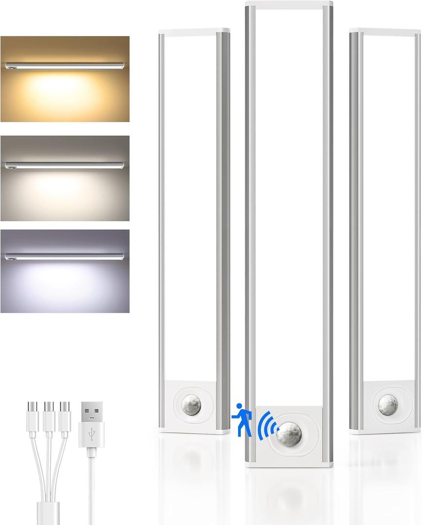 Under Cabinet Lighting Wireless,Rechargeable Battery Motion Sensor Light Indoor,LED Closet Lights USB Charging,3 Color Dimmable Under Cabinet Lights for Kitchen, Cabinet, Wardrobe (3 Pcs) 8inch