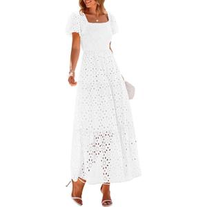 PRETTYGARDEN Summer Dresses for Women 2026 Eyelet Square Neck Puff Sleeve Smocked Wedding Guest Maxi Dress with Pockets, White, Medium