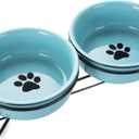 GDCZ Ceramics Raised Cat Bowls with Heighten Metal Stand,15 Ounces Turquoise