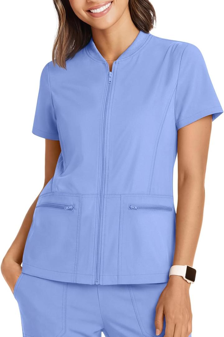 Women's Scrub Top Full Zip up Short Sleeve Nurse Shirts with 2 Zipper Pockets Jackets Lightweight Medical Uniform, S