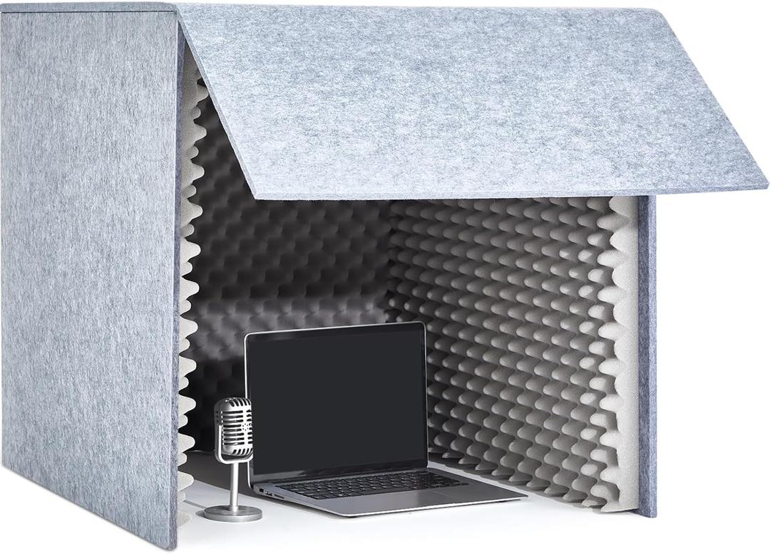 Pushglossy 28 x 28 x 28 Inch Desktop Soundproof Cover Portable Vocal Recording Booth Vocal Absorbing Shield Microphone Isolation Booth Cube for Sound Clearer Home Music Studio Podcasts Recording, Grey