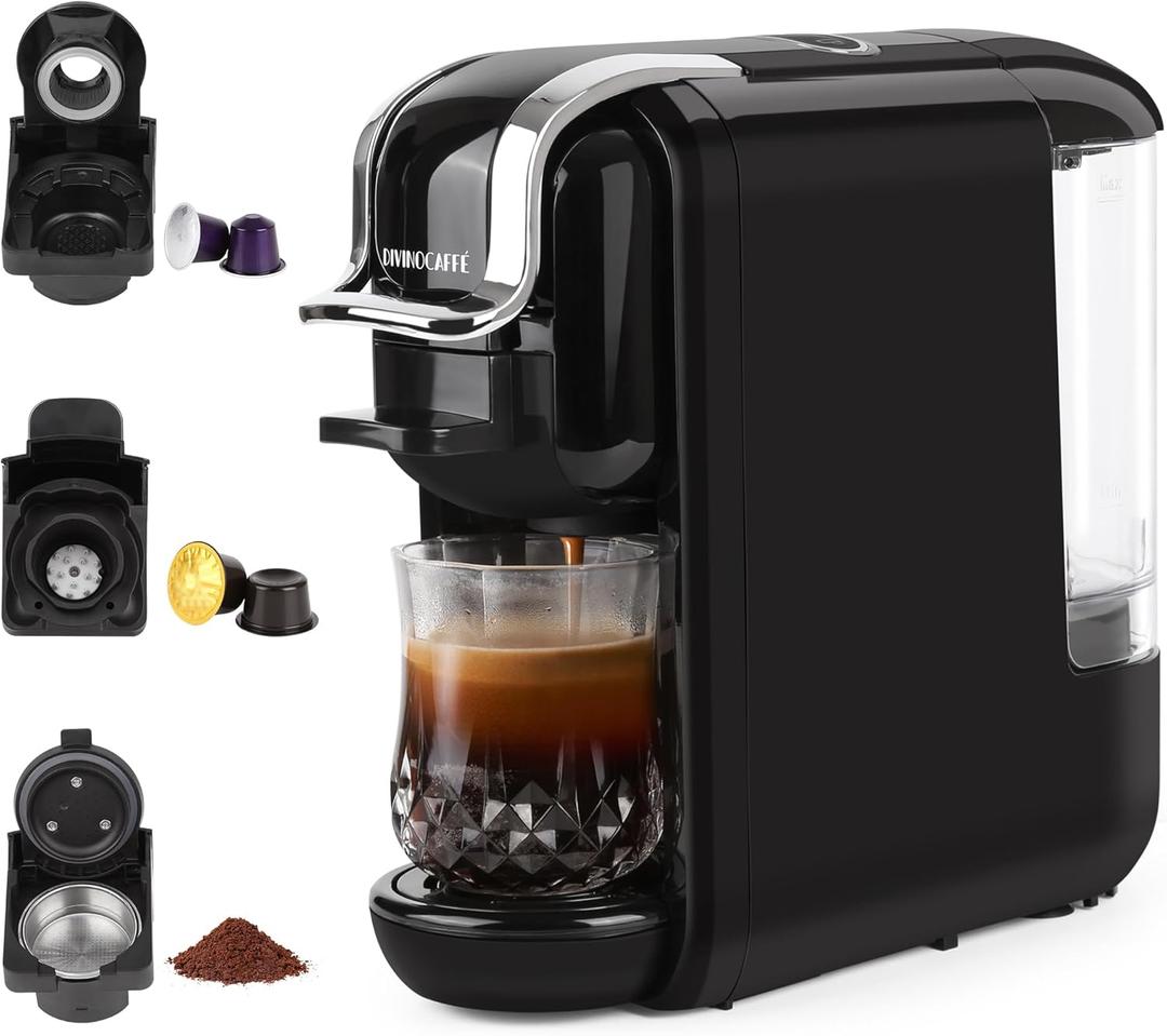 DIVINOCAFFÉ Espresso Maker for Nespresso Capsule, Lavazza Blue Capsule & Coffee Powder, 19 Bar Pump Pressure Makes Authentic Espresso Coffee, Mini Espresso Coffee Machines with Removable Water Tank.