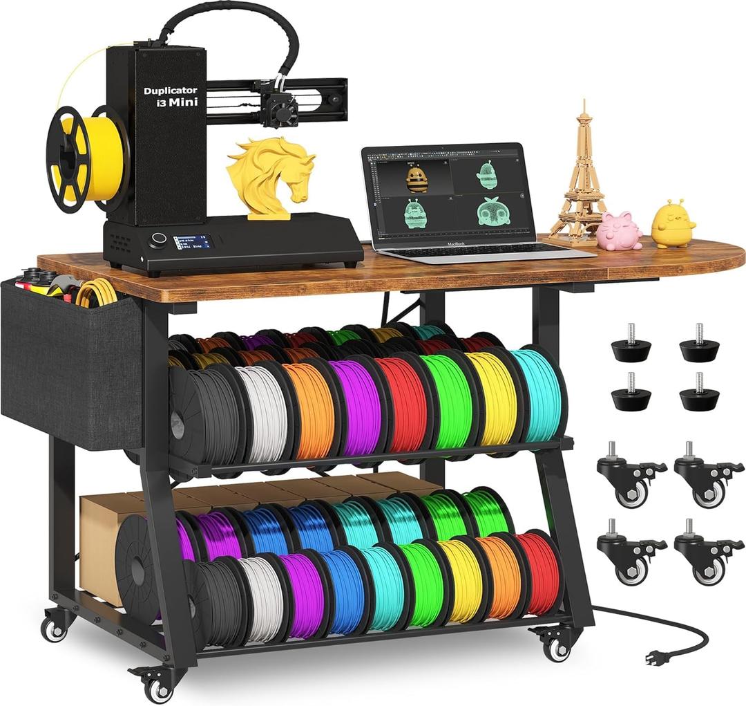 Anrigeail 3D Printer Stand with Foldable Desktop & Fabric Drawer – Compact Rolling 3-Tier 3D Printer Table with Power Outlet & X-Bracket Stability for Small Spaces, Home, Workshop,Brown, 35.4" x 29.7" x 26" H