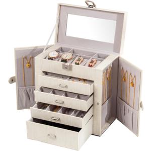 Large Jewelry Box,5-Tier PU Leather Jewelry Organizer with Lock,Multi-functional Storage Case with Mirror,Jewelry Organizer for Bracelets, Earrings, Rings, Necklaces (WHITE)