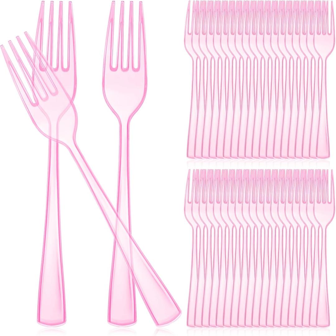 Minatee 50 Pcs Plastic Forks Disposable Cutlery Heavy Duty Dinnerware Plastic Silverware Flatware for Parties Supplies Dessert Picnics Holiday House(Pink)