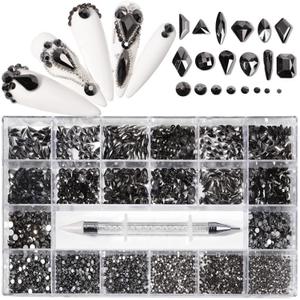 Nail Rhinestones Kit, Nail Art Decorations with Wax Pencil Flat AB Rhinestones Kit DIY Crafts Gemstones for Nail, Shoes, Clothes, Jewels (600 Black Diamonds + 2500 Flat Rhinestones)