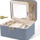 KAMIER Jewelry Organizer Box, 2 Layers PU Leather, Large Capacity, Double Lock and Large Mirror, Hidden Necklace Hooks, Removable Dividers, Gift Box Packaging, Bluish Grey