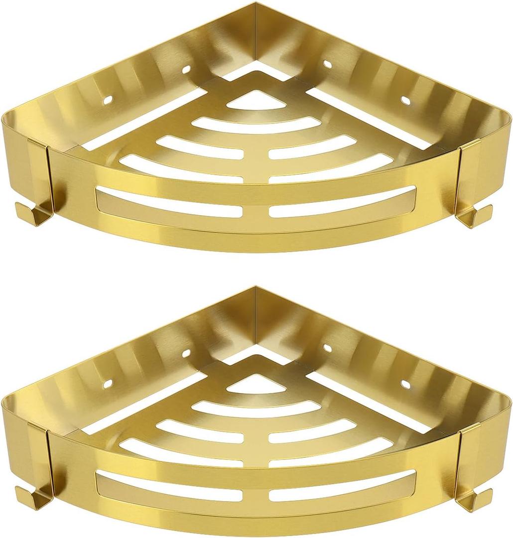 NearMoon Bathroom Corner Shelf Shower Caddy 2 Pack, No Drill 304 Stainless Steel Shower Organizer with 2 Hooks (Gold)