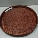 16.9 inch Round Rattan Tray, Woven Large Serving Tray with Handles, Wicker Serving Basket, Coffee Table Decor for Living Room, Reddish-Brown