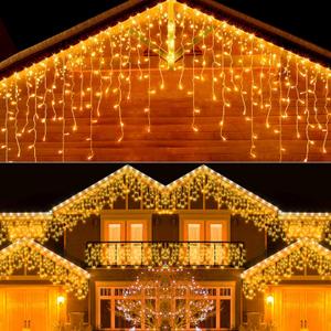 Christmas Icicle Lights Outdoor600LED 49ft 8 Modes Timer IP44 Waterproof Fairy String Light with 96 Drops, Christmas Lights for Christmas Decorations,Holiday, Party, Wedding, Eaves (600-warm light)