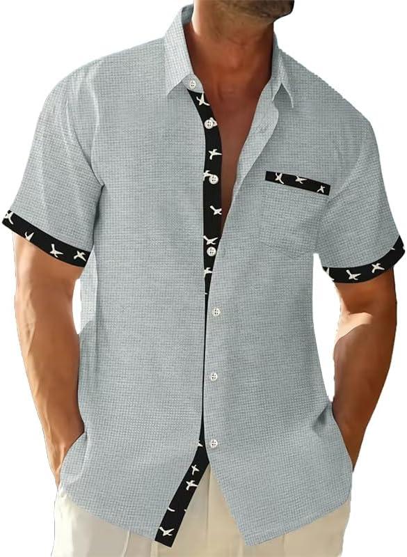 Men's Casual Short Sleeve Button Down Shirt Summer Beach Shirt Vacation Shirt with Pocket (M)