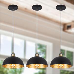 Industrial Black Gold Pendant Lights 3-Pack Vintage Mini Dome Pendant Light Fixtures with Golden Finish 10 Rustic Farmhouse Black Pendant Lights for Kitchen Island, Dining Room, Bedroom (Black Metal)