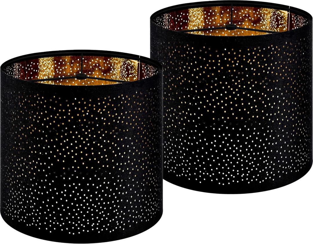 GO&SO Black Drum Lamp Shades Set of 2 Small Lampshade with Laser Drilling Design,10"Top10"Bottom10"High(Spider) Modern Tall Lamp Shades for Table Lamp,Bedside Lamps Replacement,Assembly Required