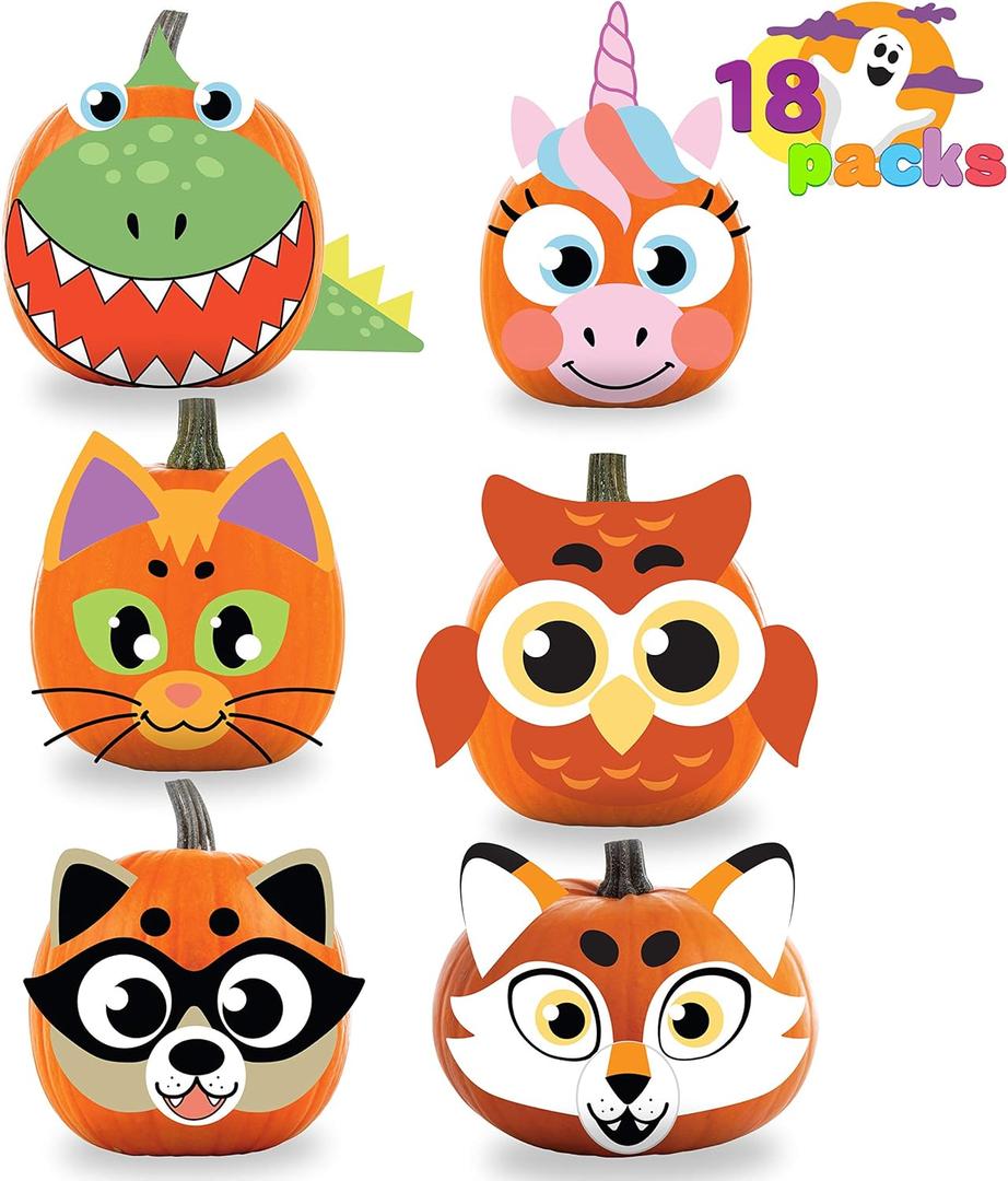 JOYIN 18 Packs Halloween Craft Foam Stickers, Arts Activities Party Supplies, Kids Party Favors, Pumpkin Decorating Kit, Jack O Lantern Face Stickers in 6 Designs, Pumpkin Decor School Games