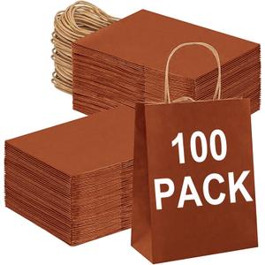 BAG BOX 100 Pack 8.25x4.3x10.6 Inch Orange Gift Bags with Handles,Bulk Kraft Paper Bags for Shopping, Retail, Merchandise, Wedding, Party Favors, Paper Grocery Sacks