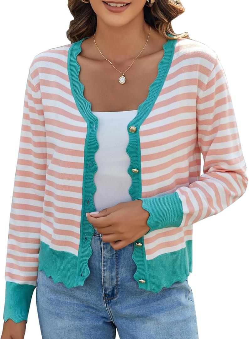 Teepie Women's Lightweight Cardigans Casual Long Sleeve V-Neck Button Print Sweaters Open Front Outerwear (X-Large, Orange White-green)