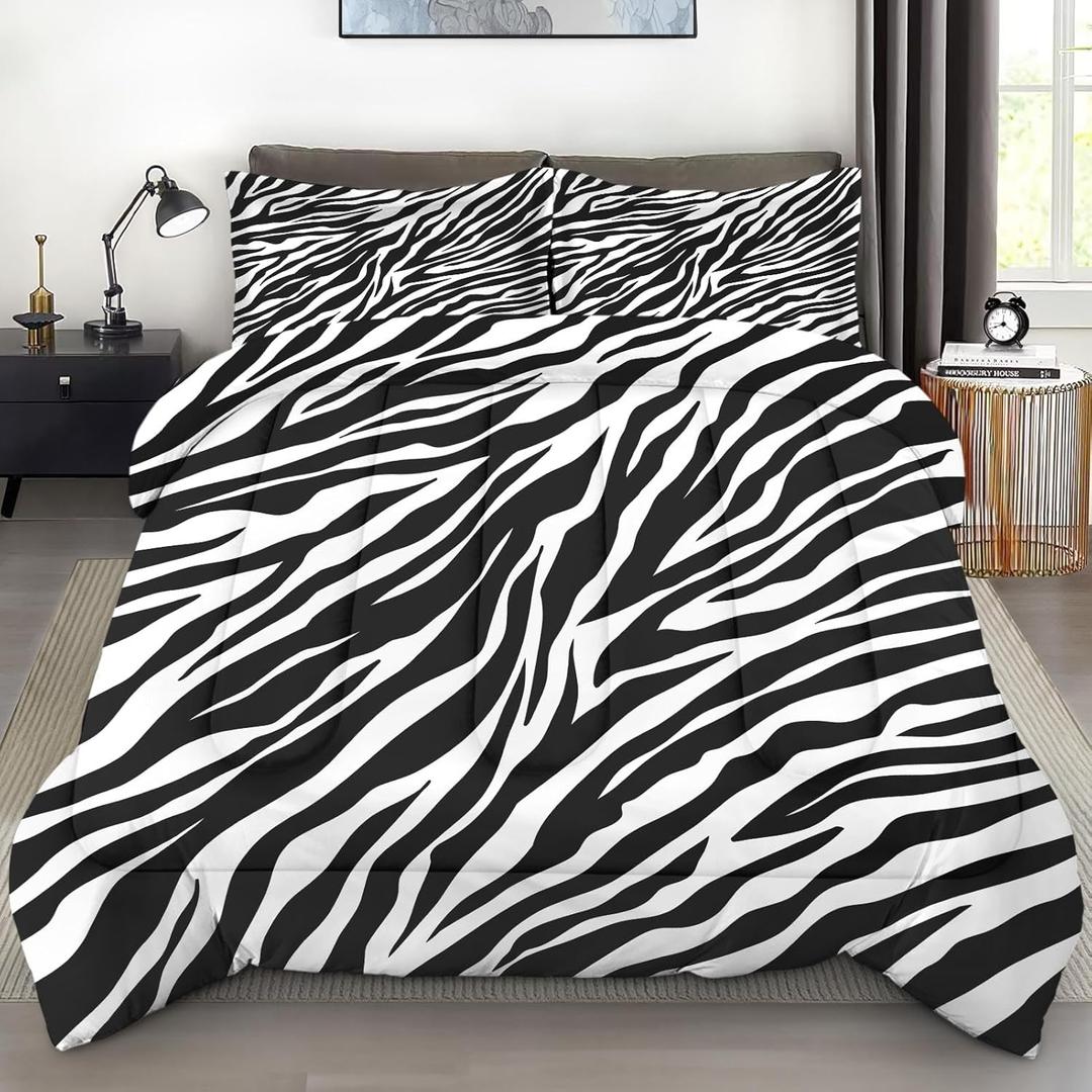 Comforter Set Twin Size, Zebra Stripe Animal Soft 2 Pcs Bedding for Kids and Adults, Black White Comforter Set with Pillowcase, for Bedroom Bed Decor