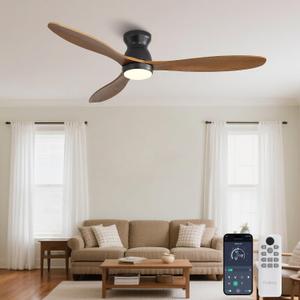 52 Inch Ceiling Fan with Light and Remote & APP Control, 3 Wooden Blades, 6 Wind Speeds, Quiet DC Motor, Indoor Flush Mount Ceiling Fan for Bedroom Living Room Farmhouse Patio