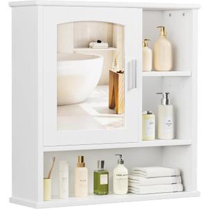 VECELO Bathroom Wall Cabinet with Mirror, Wall Mounted Medicine Cabinets with Door and 3 Open Shelves, Adjustable Shelf, 16.8 x 22.5 x 7.2 Inches, White