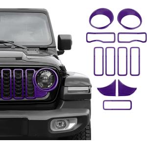 Front Grille Grill Insert+Headlight Turn Light Cover Trim Compatible with 2024-2026+ Jeep Wrangler JL JLU & Gladiator JT Exterior Accessories,Not Fit for JL Sport & Sports (Purple)