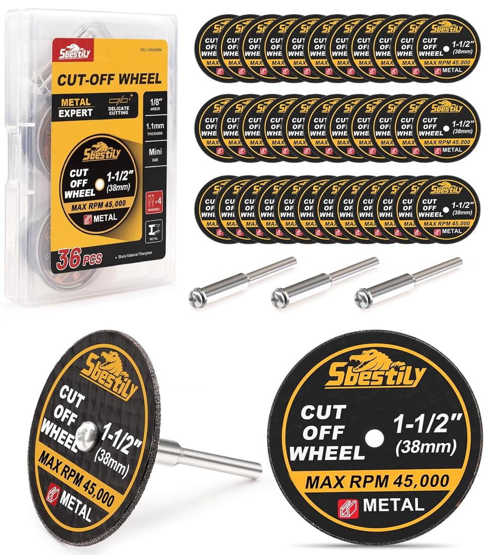 1-1/2 Cut Off Wheels 40 Pack, 1.5" x 1/8" Fiberglass Reinforced Cutting Discs Rotary Tool Accessories Kit with 4 Mandrels, for Cutting Metal, Bolts, Screws