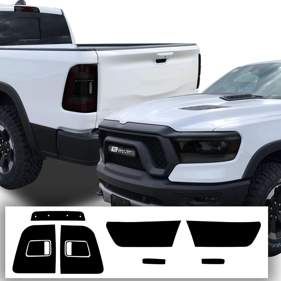 BOGAR TECH DESIGNS - Complete Full Headlight and Taillight Precut Overlay Tint Kit with Tools Compatible with Dodge Ram 1500 2019-2024, Dark