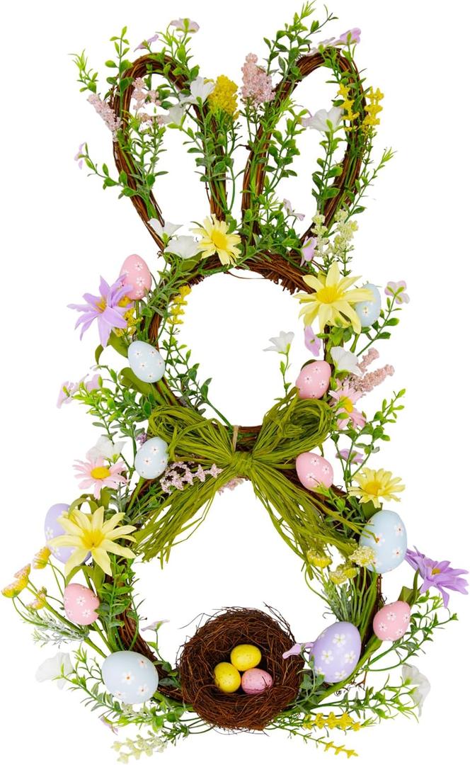 27 Inch Easter Wreath for Front Door Bunny Wreath Cute Easter Decorations Gifts with Colorful Eggs Spring Flower Home Decor Party Holiday