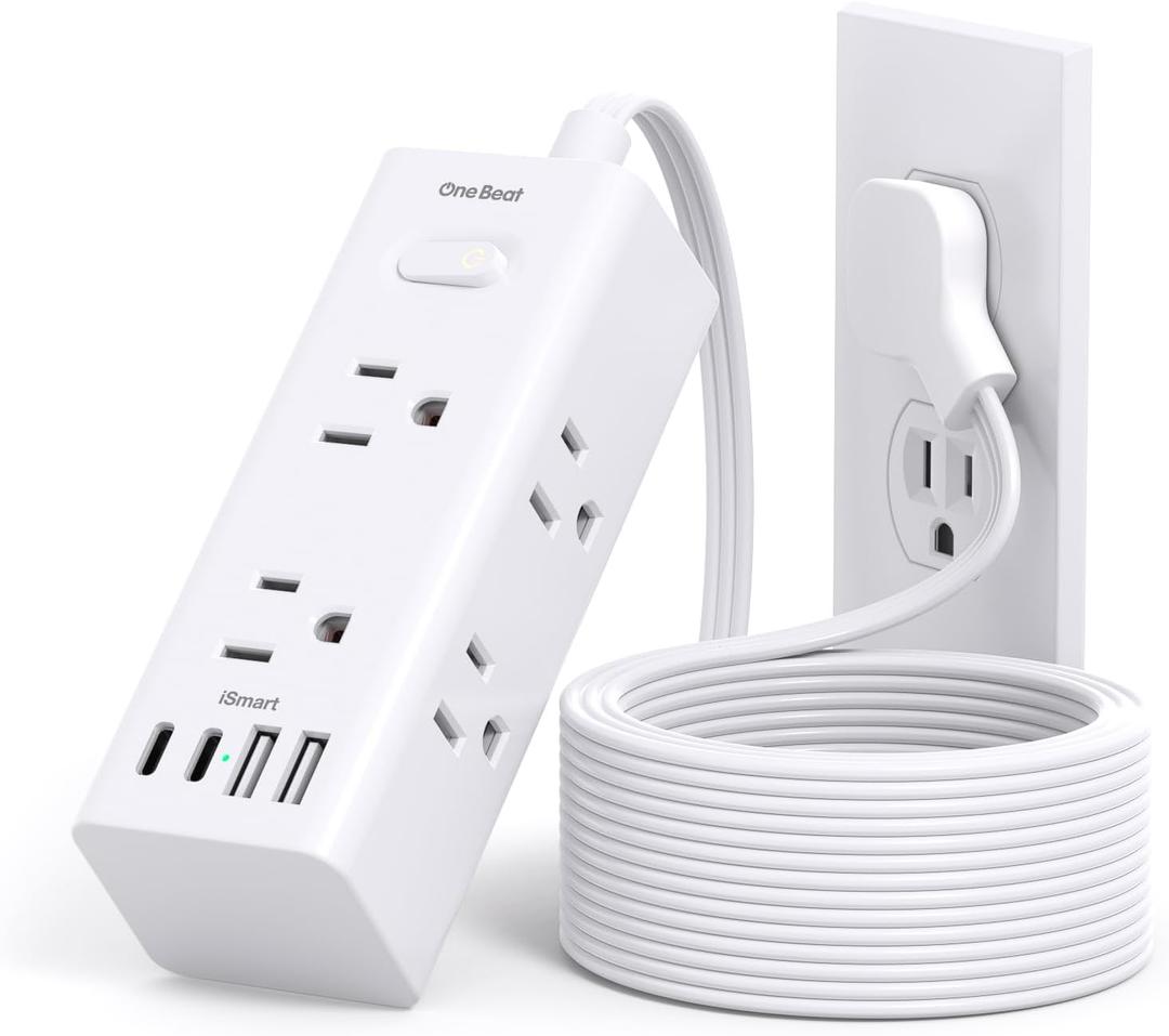 One Beat 10Ft Extension Cord with Multiple Outlets,Flat Plug Power Strip Surge Protector with 10 Ft Long Cord,6 Outlet 4 USB Ports (2USB C),Multi Outlet Wall Plug for Travel,College,Dorm Essentials (White)