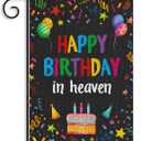 WATINC Happy Birthday in Heaven Garden Flag - Colorful Ribbons Funeral Memorial Flags for Sympathy, 12 x 18 Inch Linen Yard Decorations, Grave Cemetery Farmhouse Outdoor Decor Supplies (Black)