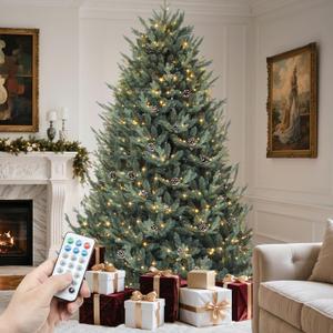 YITAHOME Prelit Blue Spruce Christmas Tree 6ft with Remote Control, Pre-Decorated Pre-Lit Blue Aspen Fir Christmas Tree with Built-in Lights, Pine Cones & 11 Light-Modes for Home, Party Decoration