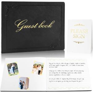 8x10 Inch Wedding Guest Book with 120 Blank & Lined Pages, PU Leather Gold Foiled Cover, Section Sewn Hardbound, Black