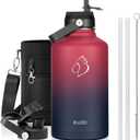 BUZIO 64oz Insulated Water Bottle Stainless Steel Double Wall Leak Proof Half Gallon with Straw Lid and Flex Cap (Cold for 48 Hrs) Sports Flask Metal Travel Mug for Hiking Cycling, Ruby Red Navy