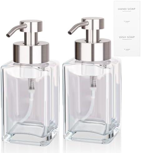 Foaming Soap Dispenser with Stainless Steel Pump, 12oz Refillable Glass Liquid Dish Soap Bottles for Bathroom, Kitchen Sink, Home Decor, 2 Pack