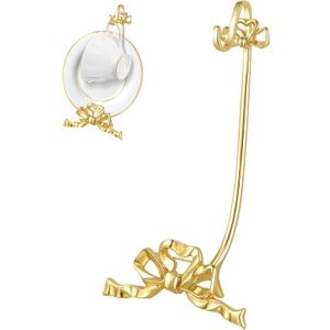 Reallnaive Brass Tea Cup and Saucer Display Stand Vintage Bow Teacup Holders Plate Stand Mug Hooks Classic Durability Countertop Storage for Cabinet Kitchen Counter Bar(4.92 x 7.68 x 2.17 Inches)
