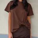 Cicy Bell Womens Summer Short Sleeve Tops Casual Crew Neck T-Shirts Loose Fit Twist Front Basic Tees Coffee (Brown, L)