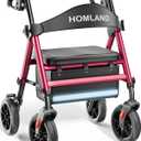HOMLAND Foldable Walker for Seniors with Seat, 17lb Lightweight, Ergonomic | 350lb Capacity, 8" All-Terrain Wheels, Adjustable Height, Easy to Assemble, Ergonomic Seat, Lightweight Aluminum Frame, Red